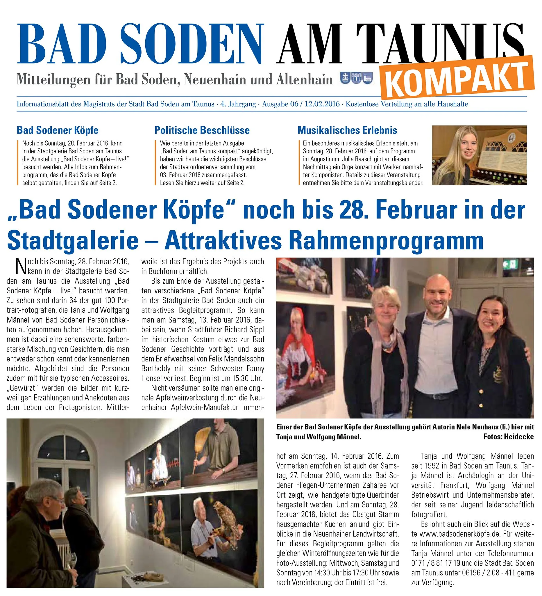 Bad Soden am Taunus kompakt, Ausgabe 6/2016: „Bad Sodener Köpfe“ noch bis 28. Februar in der Stadtgalerie