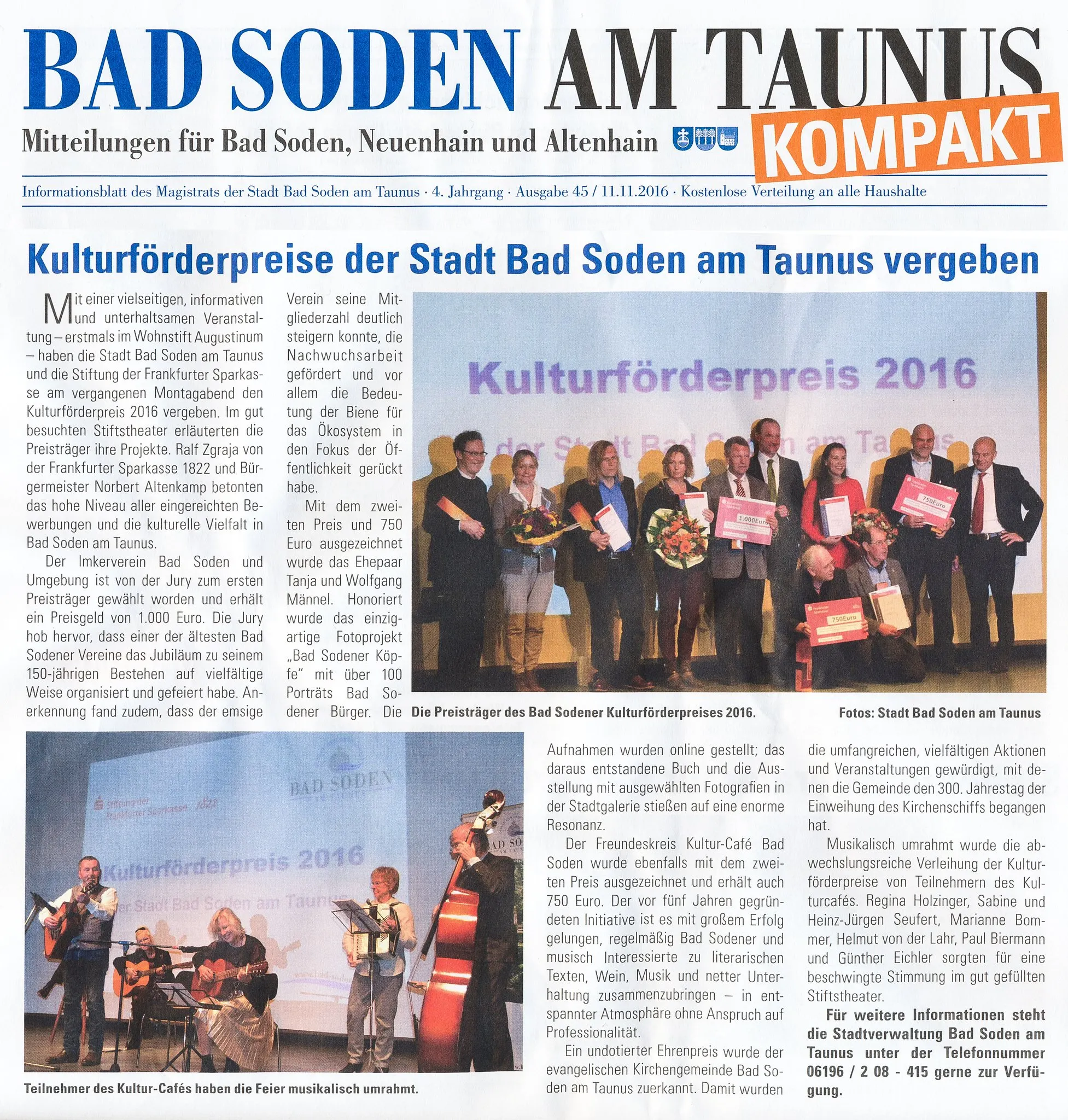 Bad Soden am Taunus kompakt, 11.11.2016: Kulturförderpreise der Stadt Bad Soden am Taunus vergeben