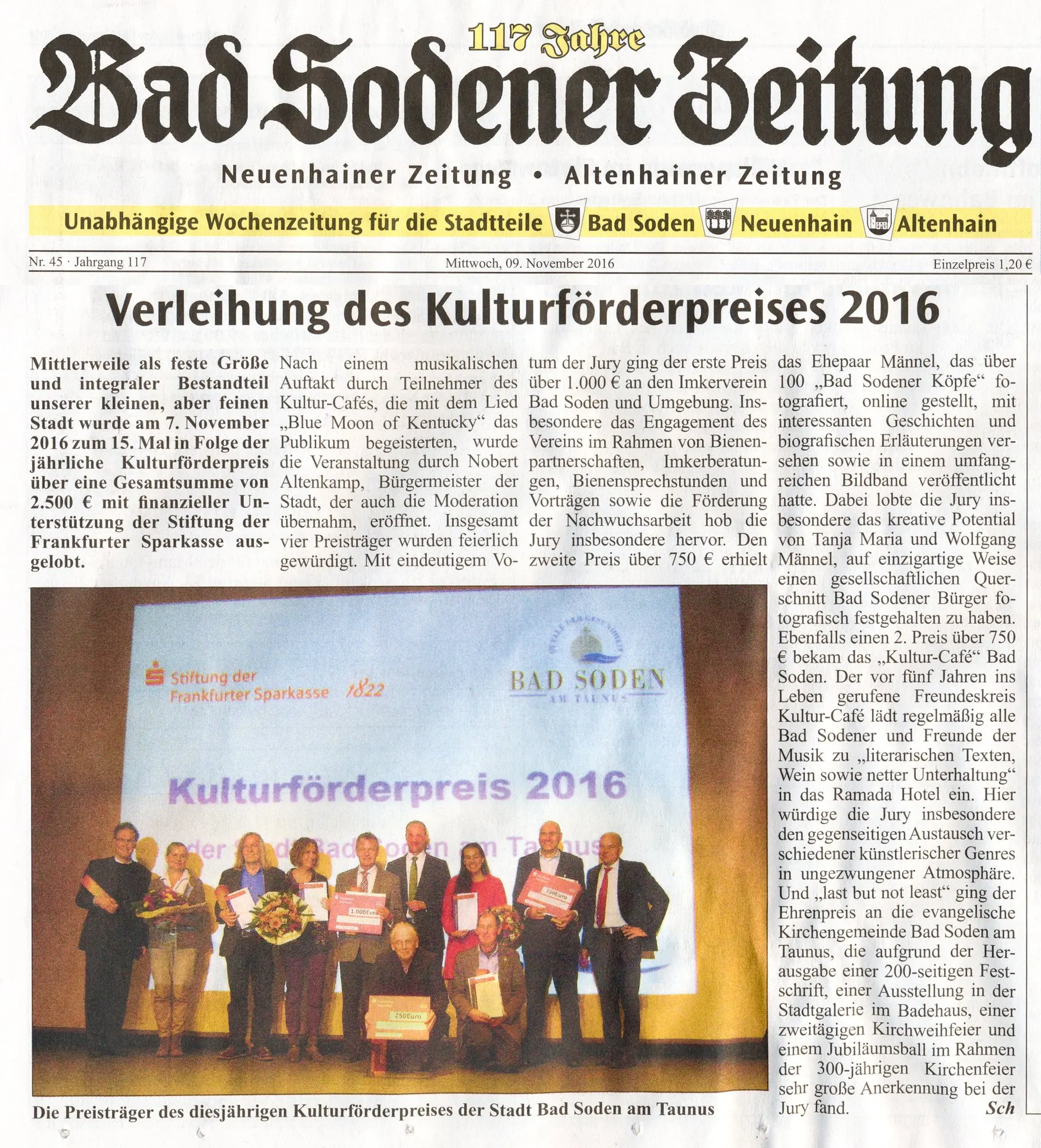 Bad Sodener Zeitung, 09.11.2016: Verleihung des Kulturförderpreises 2016