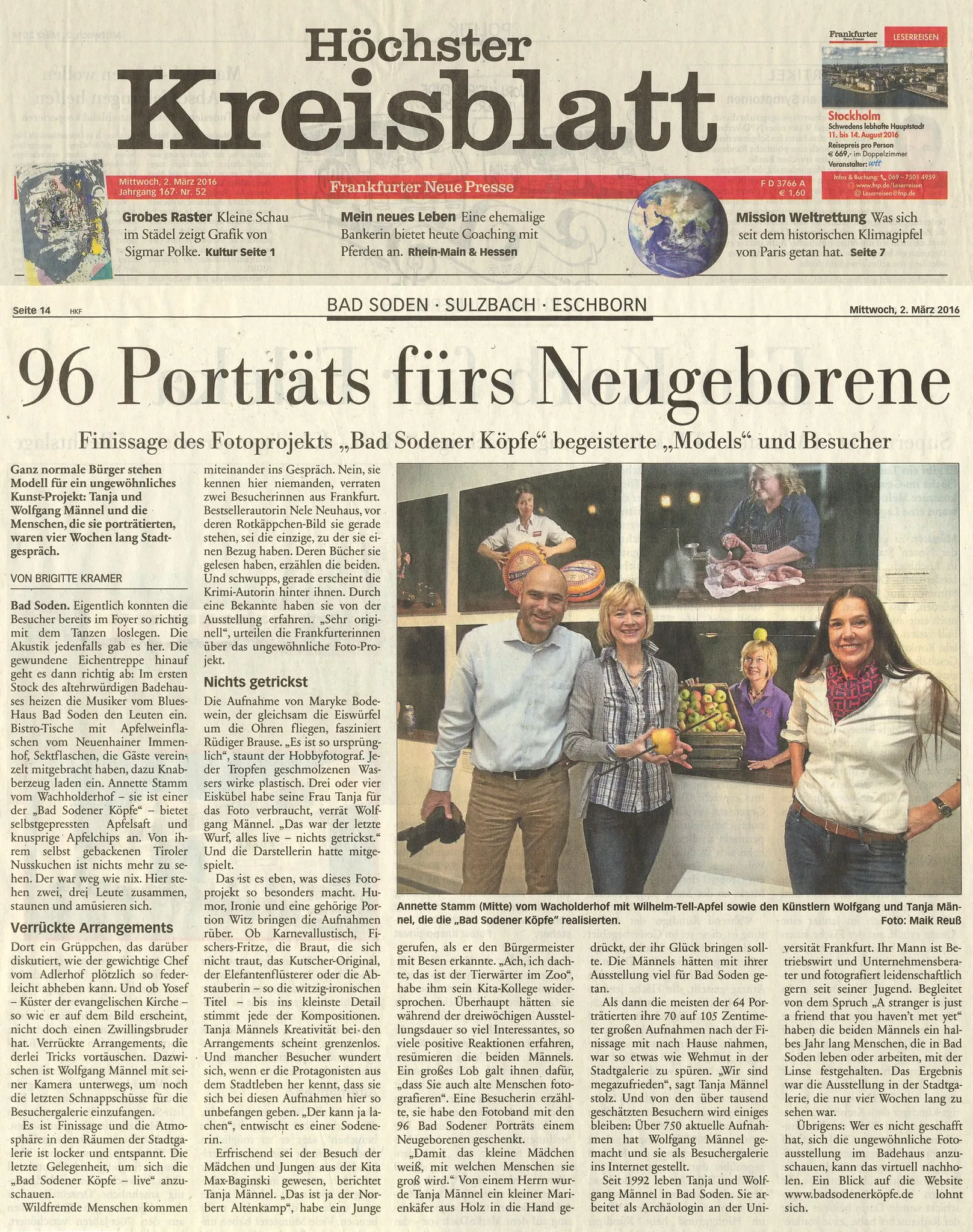 Höchster Kreisblatt, 02.03.2016: 96 Porträts fürs Neugeborene